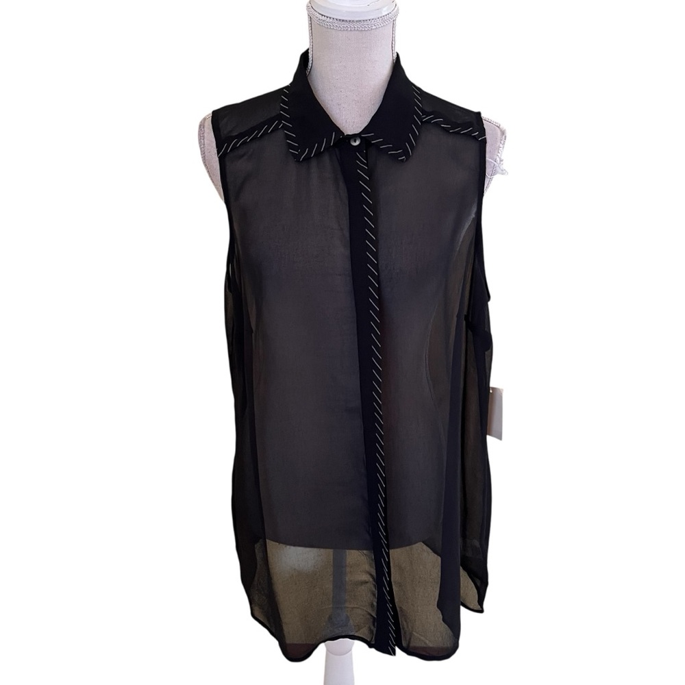 Coldwater Creek Black Sheer Stripe Tipped Sleeveless Blouse L